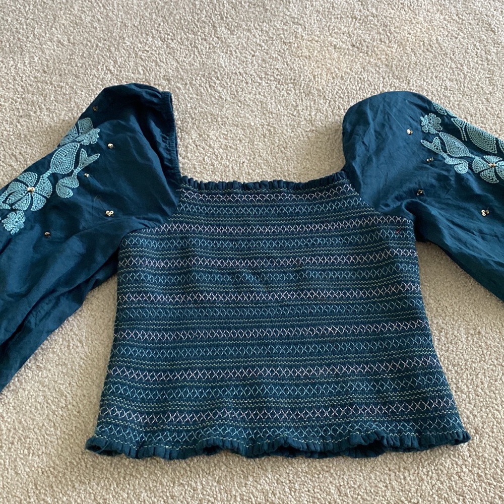 Anthropologie Smocked Embroidered Top Size Small